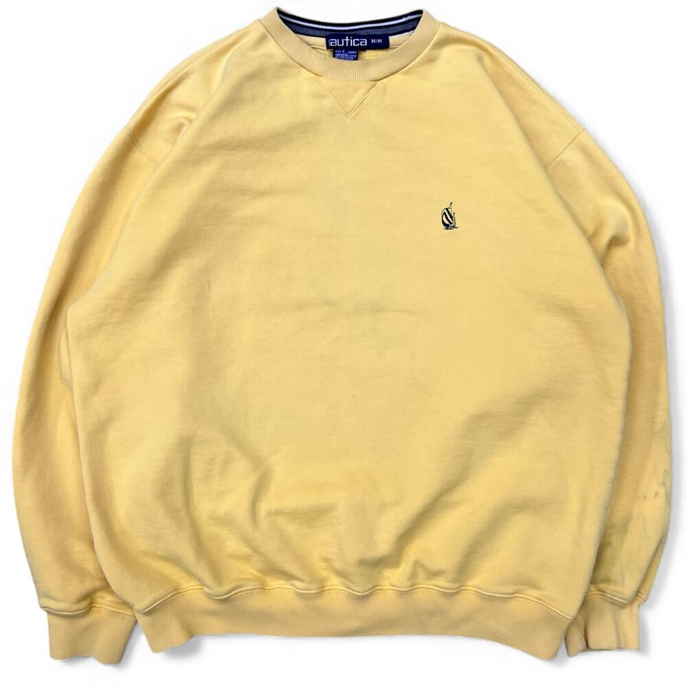 Vintage 90s Nautica Faded Yellow Single V Blank Crewneck M Sweatshirt Essential